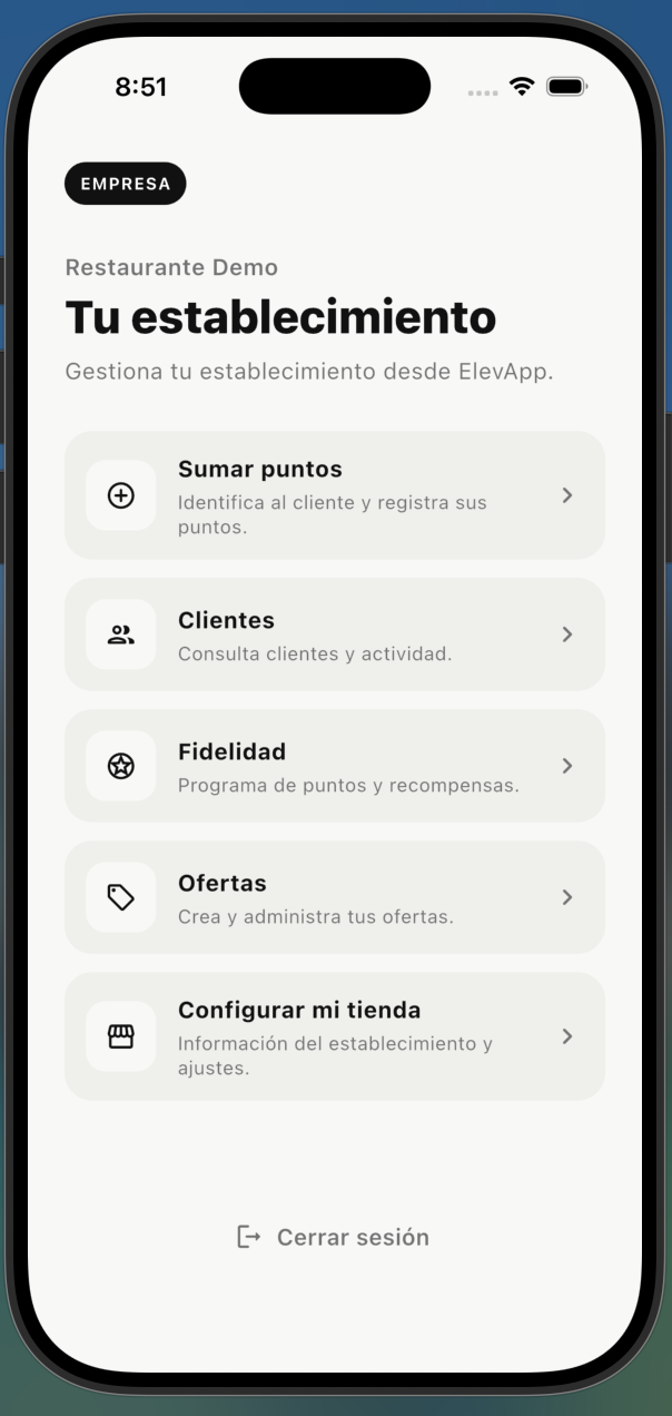 Prototipo de ElevApp en un establecimiento de demostración: sumar puntos, clientes, fidelidad, ofertas y configuración.
